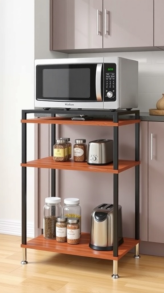 A contemporary 2-tier microwave stand with a microwave on top and kitchen items on the lower shelf in a modern kitchen.
